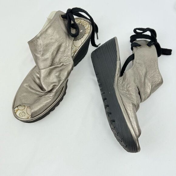 Fly London Yama Gold Metallic Ruched Leather Slingback Lace Up Chunky Wedges - Picture 5 of 12